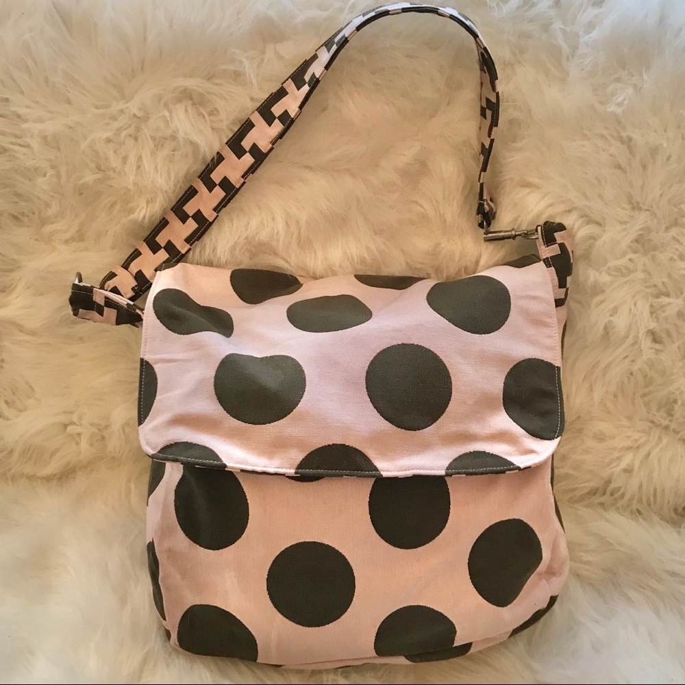 NWOT Blue Platypus pink and brown polka dot tote.